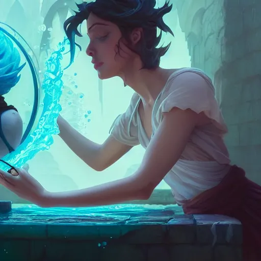 Image similar to mage casting a water spell, highly detailed vfx portrait, unreal engine, greg rutkowski, loish, rhads, beeple, makoto shinkai and lois van baarle, ilya kuvshinov, rossdraws, tom bagshaw, alphonse mucha, global illumination, detailed and intricate environment