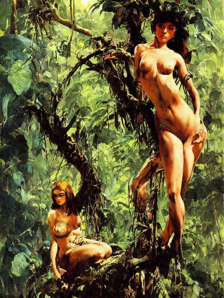 Prompt: a painting of a girl in the jungle by frank frazetta,