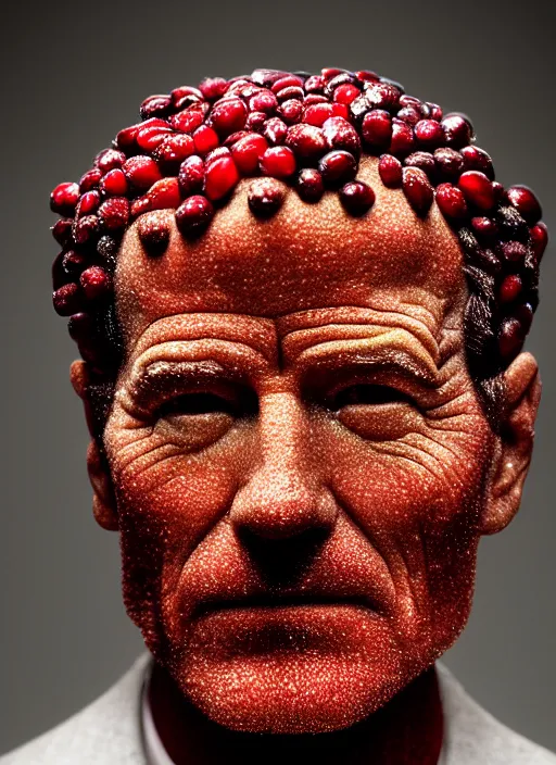 Prompt: portrait of bryan cranston's face made of cranberries, cranberry statue, studio light, bloom, detailed face, magazine, press, photo, steve mccurry, david lazar, canon, nikon, focus