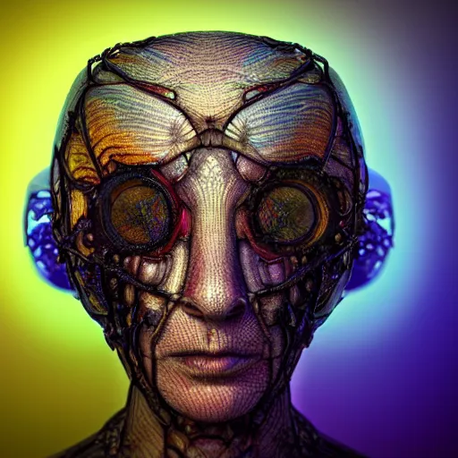 Prompt: cinema 4d colorful render, organic, ultra detailed, of a painted realistic old woman face with glass helmet, scratched. biomechanical cyborg, analog, macro lens, beautiful natural soft rim light, big leaves, winged insects and stems, roots, fine sharp foliage lace, glowing details, art nouveau fashion embroidered, intricate details, mesh wire, mandelbrot fractal, anatomical, facial muscles, cable wires, elegant, hyper realistic, in front of dark moody pattern wallpaper, ultra detailed, 8k post-production