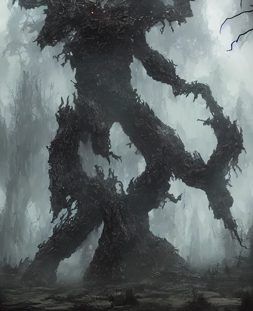 Image similar to one giant monster made of black smoke in the middle of a forest, concept art by max svabinsky, cgsociety contest winner, altermodern, concept art, apocalypse art, artstation hq