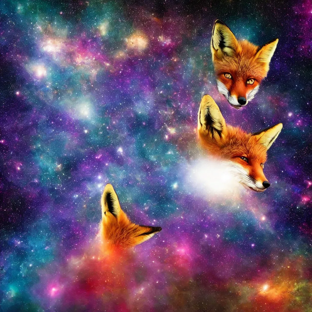 Image similar to a fox in a lake in space staring up at a galaxy, realistic, colorful