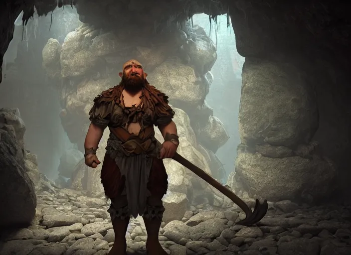 Image similar to Beautiful art portrait of a male fantasy dwarf in a dark cave structure with epic pillar, unreal 5, DAZ, hyperrealistic, octane render, dungeons and dragons, dynamic lighting, vray