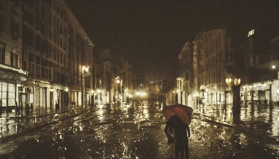 Prompt: alone in the street, at night, rain