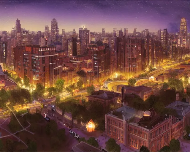 Prompt: a nighttime view of a city park with buildings in the background, a matte painting by zlatyu boyadzhiev, deviantart, dau - al - set, nightscape, panorama, creative commons attribution