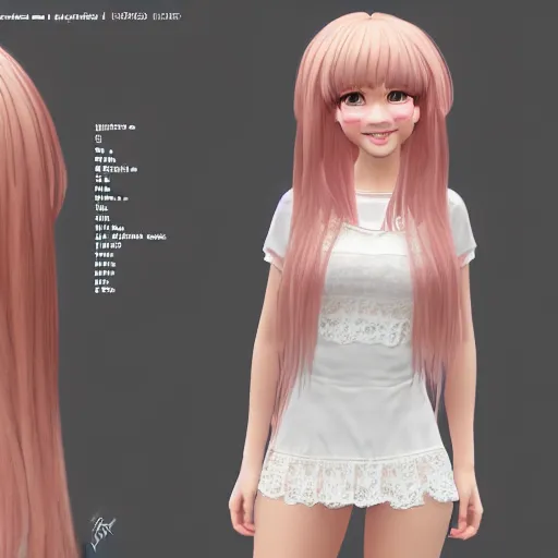 Image similar to Render of Nikki from Shining Nikki Dress-Up Game, a cute 3D young woman, long light pink hair, full bangs, full round face, hazel amber eyes, pale skin, cute freckles, light blush, Chinese heritage, smiling softly, wearing casual clothing, interior lighting, cozy living room background, medium shot, mid-shot, hyperdetailed, trending on Artstation, Unreal Engine 4k