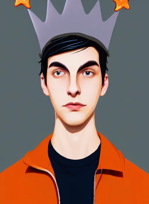 Image similar to portrait of teenage jughead jones wearing a light grey crown, symmetrical crown, hamburger background, eyes closed, crown, black hair, orange, intricate, elegant, glowing lights, warm lighting, highly detailed, digital painting, artstation, concept art, smooth, sharp focus, illustration, art by wlop, mars ravelo and greg rutkowski