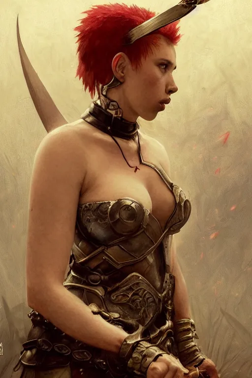 Image similar to scarlet johansson, legendary warrior, heroic fighter, dungeons & dragons, tattoos, decorative ornaments, battle armor, by carl spitzweg, ismail inceoglu, vdragan bibin, hans thoma, greg rutkowski, alexandros pyromallis, perfect face, detailed, sharply focused, centered, rule of thirds, realistic shading