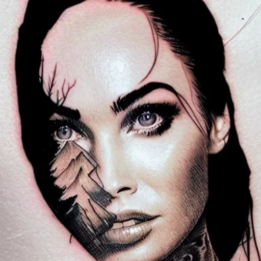 Prompt: double - exposure tattoo sketch of megan fox face and beautiful mountains, mash up, blending, in the style of dan mountford