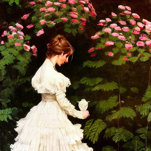 Image similar to painting hanging on wall full body fashion model emma watson by Winslow Homer smokey eyes makeup eye shadow fantasy, glow, shimmer as victorian woman in a long white frilly lace dress and a large white hat having tea in a sunroom filled with flowers, roses and lush fern flowers ,intricate, night, highly detailed, dramatic lighting , high quality