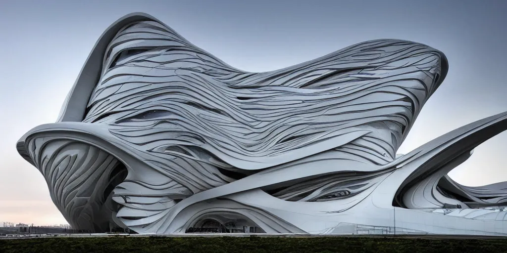 Image similar to extremely detailed ornate stunning beautiful elegant futuristic museum exterior by Zaha Hadid