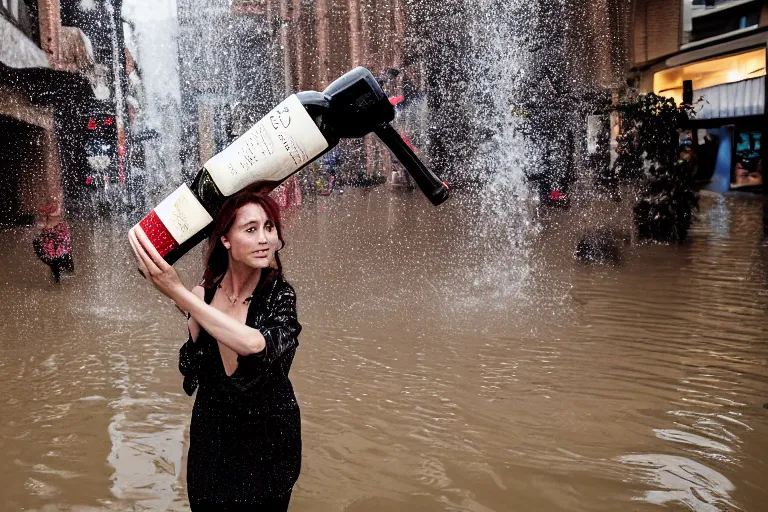 Image similar to closeup portrait of a woman carrying bottles of wine over her head in a flood in Rundle Mall in Adelaide in South Australia, photograph, natural light, sharp, detailed face, magazine, press, photo, Steve McCurry, David Lazar, Canon, Nikon, focus