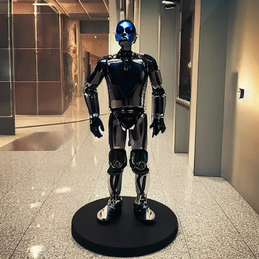 Image similar to “a realistic detailed photo of a guy who is the t-1000 terminator robot, composed of liquid metal, or a mimetic polyalloy nanorobotics, who is a male android, Chris Evans, posing like a statue, blank stare”