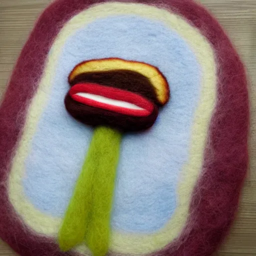 Prompt: a needle felted burger needle felting art.