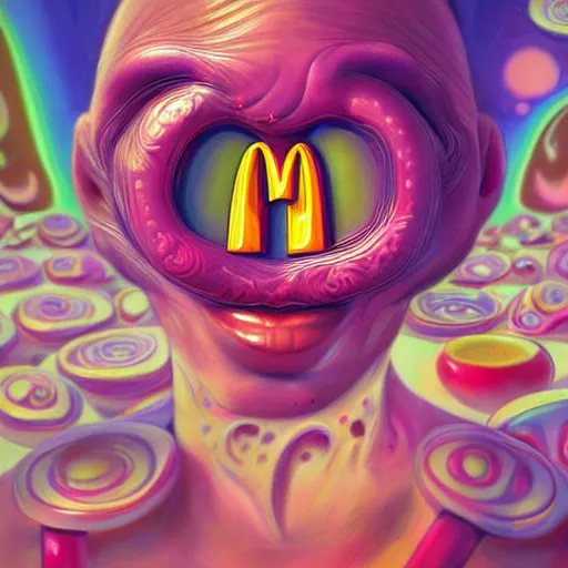 Image similar to An extremely psychedelic portrait of McDonalds, surreal, LSD, face, detailed, intricate, elegant, lithe, highly detailed, digital painting, artstation, concept art, smooth, sharp focus, illustration