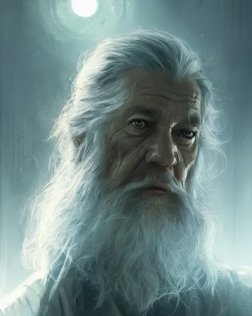 Image similar to gandalf with facial cybernetic enhancements, android, detailed face, scifi character portrait by greg rutkowski, esuthio, craig mullins, 1 / 4 headshot, cinematic lighting, dystopian scifi gear, gloomy, profile picture, mechanical, half robot, implants, steampunk