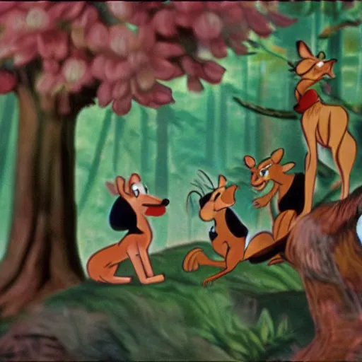 Image similar to 1940s disney film about talking forest animals super high detail