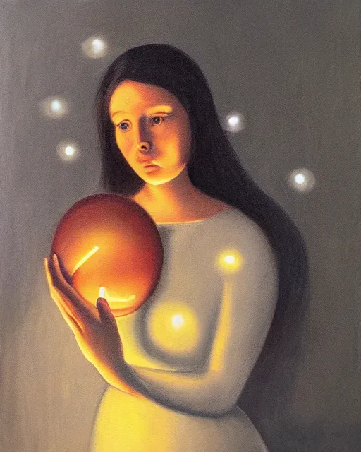 Prompt: a realism painting of a woman holding a sphere of light in her hands