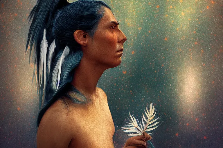 Prompt: digital art of an elegant native american thinking by flooko, forest, semi realism, detailed, ethereal, glows,