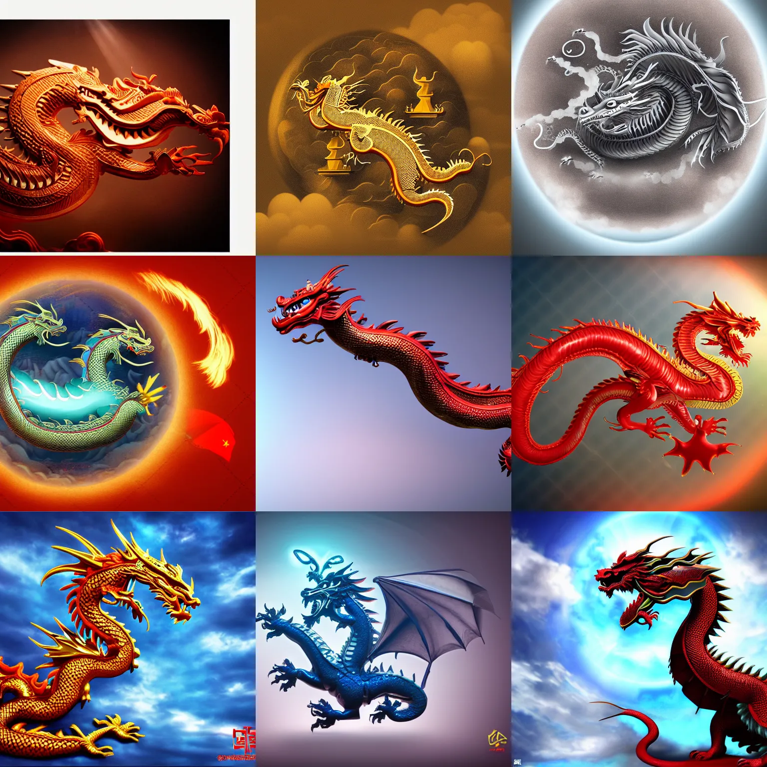Prompt: chinese style dragon, auspicious cloud, lens zooming, super resolution, studio lighting, otcean render