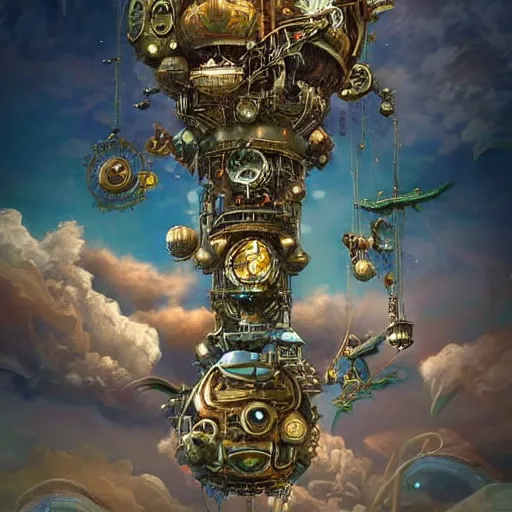 Prompt: flying city in a mechanical flower, clouds, sky, fantasy art, steampunk, masterpiece