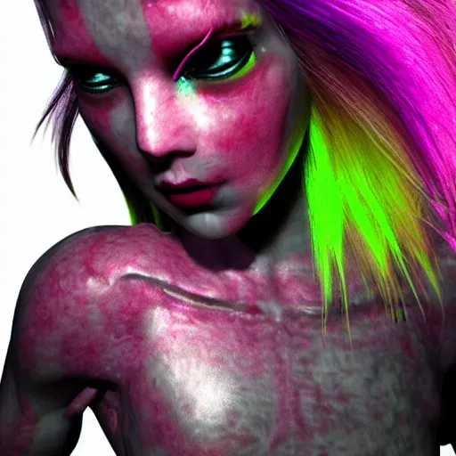 Prompt: flesh computer device made of flesh and skin with neon rainbow hair, ultra high detail photorealistic