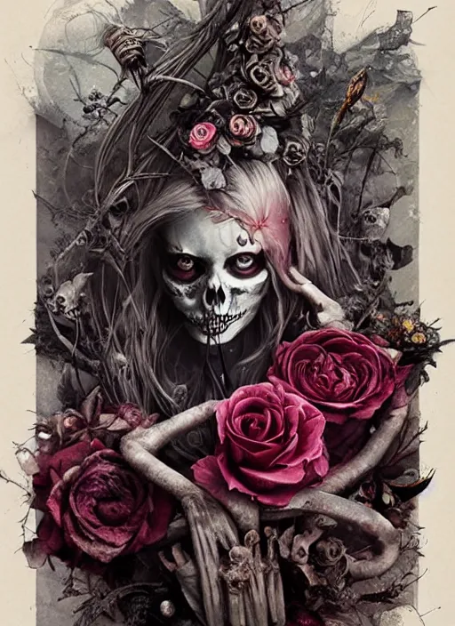 Prompt: Alice in Wonderland,roses,bullets,death tarot card,highly detailed,half skull face,cinematic,8k,by Stanley Artgermm,Tom Bagshaw,Greg Rutkowski,Carne Griffiths, Ayami Kojima, Beksinski, Giger,trending on DeviantArt,hyper detailed,horror, full of colour