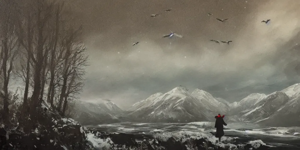 Prompt: A majestic landscape featuring a river, mountains and a forest. A small group of birds is flying in the sky. Harsh winter. very windy. There is a man walking in a deep snow.Camera is positioned behind the man. Cinematic, very beautiful, painting in the style of Lord of the rings