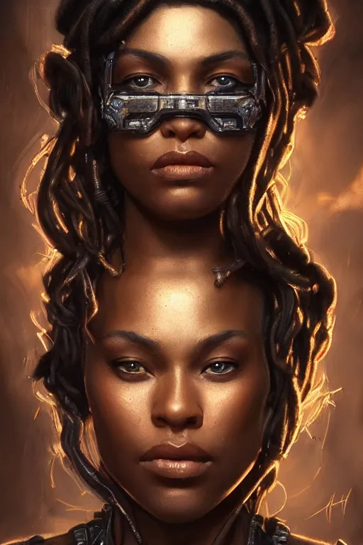 Image similar to ultra realistic illustration, dappled lighting, closeup portrait shot, black american, perfect lighting, hacknaut cyberpunk, sci - fi, fantasy, intricate, elegant, deviantart, highly detailed, digital painting, artstation, concept art, smooth, sharp focus, illustration, art by artgerm and greg rutkowski and alphonse mucha