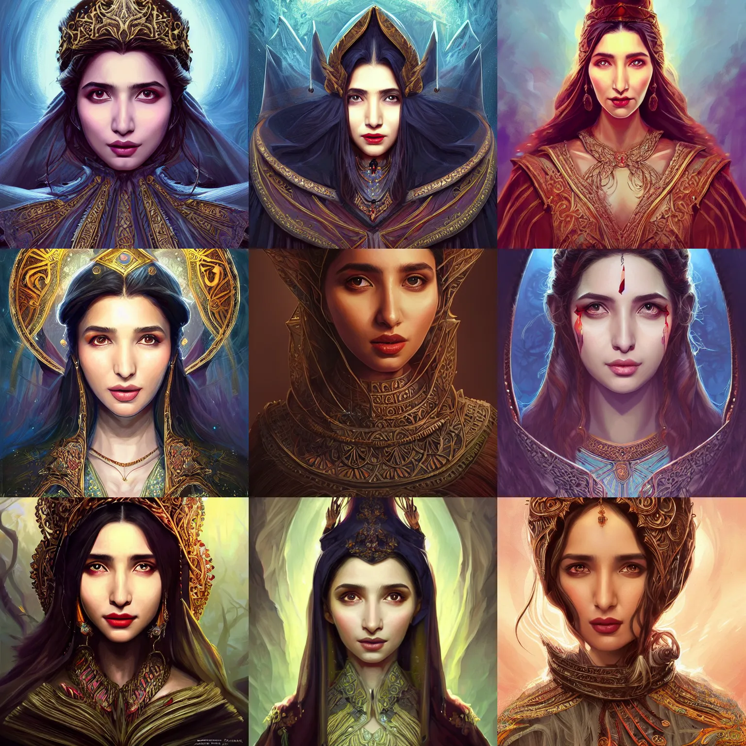 Image similar to head-on centered symmetrical painted portrait, Mahira Khan as a D&D wizard, intricate fantasy robes, fantasy, intricate, elegant, highly detailed, digital painting, smooth, sharp focus, illustration, artstation, in the style of Artgerm and Anna Podedworna and Alex Ross