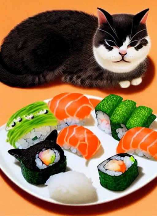 Image similar to clear photorealistic picture of adorable cats made out of sushi