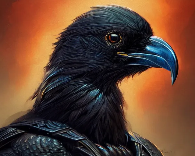 Image similar to highly detailed black raven bird, deep focus, d & d, fantasy, intricate, elegant, highly detailed, digital painting, artstation, concept art, matte, sharp focus, illustration, hearthstone, art by artgerm and greg rutkowski and alphonse mucha