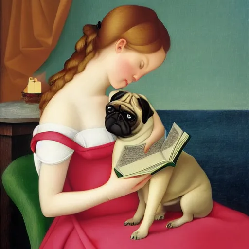 Prompt: a girl and her pug reading a book by Raphael, Hopper, and Rene Magritte. detailed, romantic, enchanting, trending on artstation.