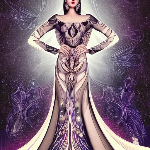 Prompt: a beautiful arabian woman wearing a futuristic dress by alexander mcqueen, artgerm, fashion show, futuristic, organic dress, seamless pattern, concept art, fantasy