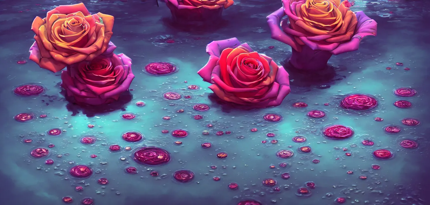 Prompt: colourful murky nature with the rose flowers in water, in the style of craola, shallow depth of field, highly detailed, digital painting, trending artstation, concept art, illustration, cinematic lighting, vibrant colors, photorealism, epic, octane render