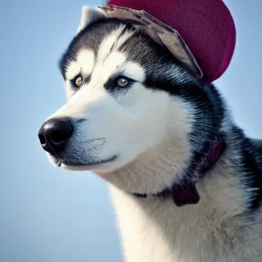 Prompt: A photo of a Husky dog wearing a hat, award winning photography, pro dog photography