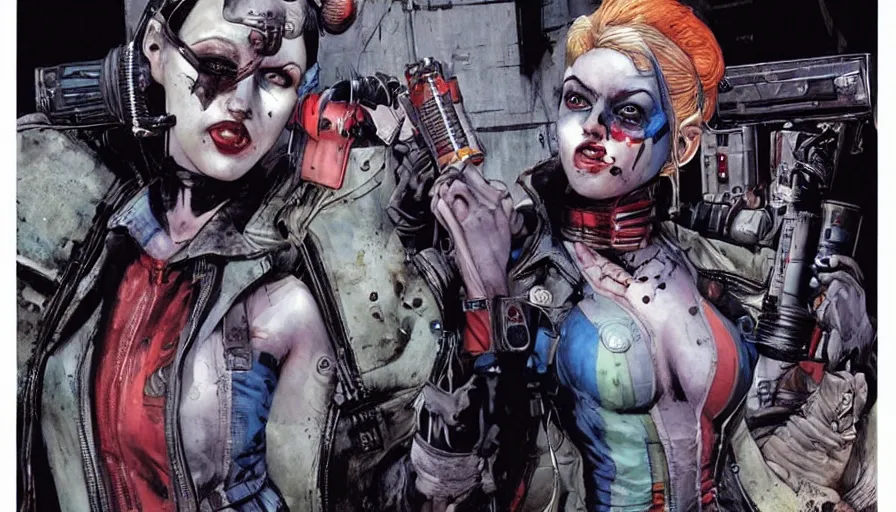 Image similar to a dream portrait of cyberpunk Harley Quinn in post apocalyptic Gotham art by Paul Dini, Travis Charest, Simon Bisley