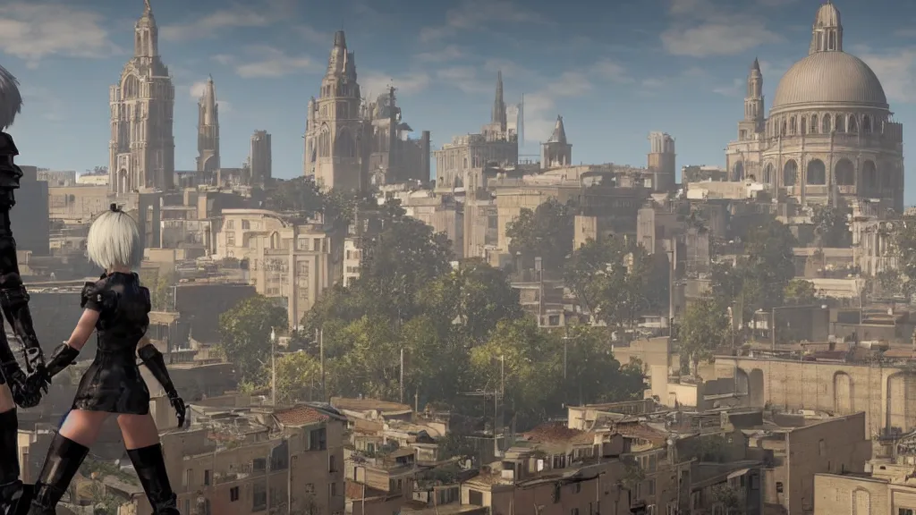 Image similar to Screenshot from Nier Automata in Marseille. In the background there is the basilica Our Lady of the Guard