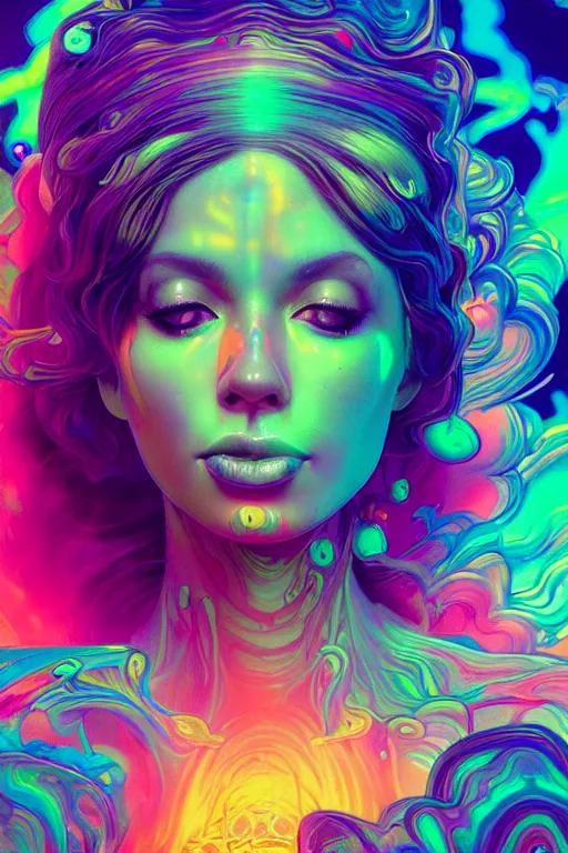 Image similar to a gorgeous woman engulfed in colorful liquid clouds and neon smoke, extremely psychedelic experience, psilocybin, dmt, lsd face, highly detailed, artstation, concept art, blue background, digital art by hana yata, and artem demura and beeple, alphonse mucha, octane render, unreal engine, 8 k