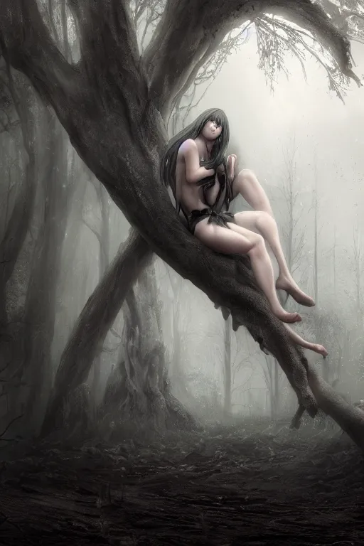 Image similar to plasma body, anime spectral female character, emerge from big old creepy tree, mist aura, black eyes melt, full body portrait, photorealistic, volumetric lighting, octane rendering, dark and mysterious, atmospheric, ominous, creepy, cinematic, real, concept art, Epic, 8k, 4k, ultra detail, ultra realistic, trading art station, rendered by awesomeness