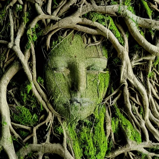 Image similar to a portrait of a woman made of tree roots and sticks, moss, mother nature, green