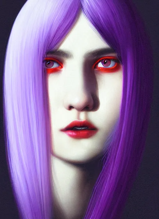 Image similar to hair whitebangs hair, black hair, whitebangsblackhair, portrait of teenage girl with white bangs, red irises, purple clothes, white bangs, bangs are different color from hair, intricate, elegant, glowing lights, highly detailed, digital painting, artstation, concept art, sharp focus, illustration, art by wlop, mars ravelo and greg rutkowski