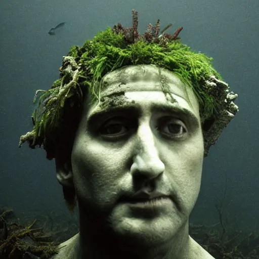 Image similar to Award-winning photograph by Mar Mann. The photo depicts a gray decaying roman bust of Nicolas Cage overgrown with moss at the bottom of the sea. Minimalism, high definition, perfect composition. Deep sea picture. Very dark. Volumetric Lighting. Fish. Darkness. Ruins