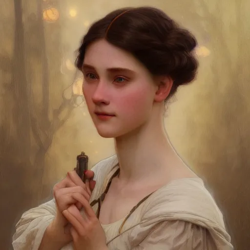 Image similar to Portrait of beautiful pale peasant girl, cinematic lighting, intricate, elegant, highly detailed, digital painting, artstation, smooth, sharp focus, illustration, art by artgerm and greg rutkowski and alphonse mucha and Wayne Barlowe and william-adolphe bouguereau