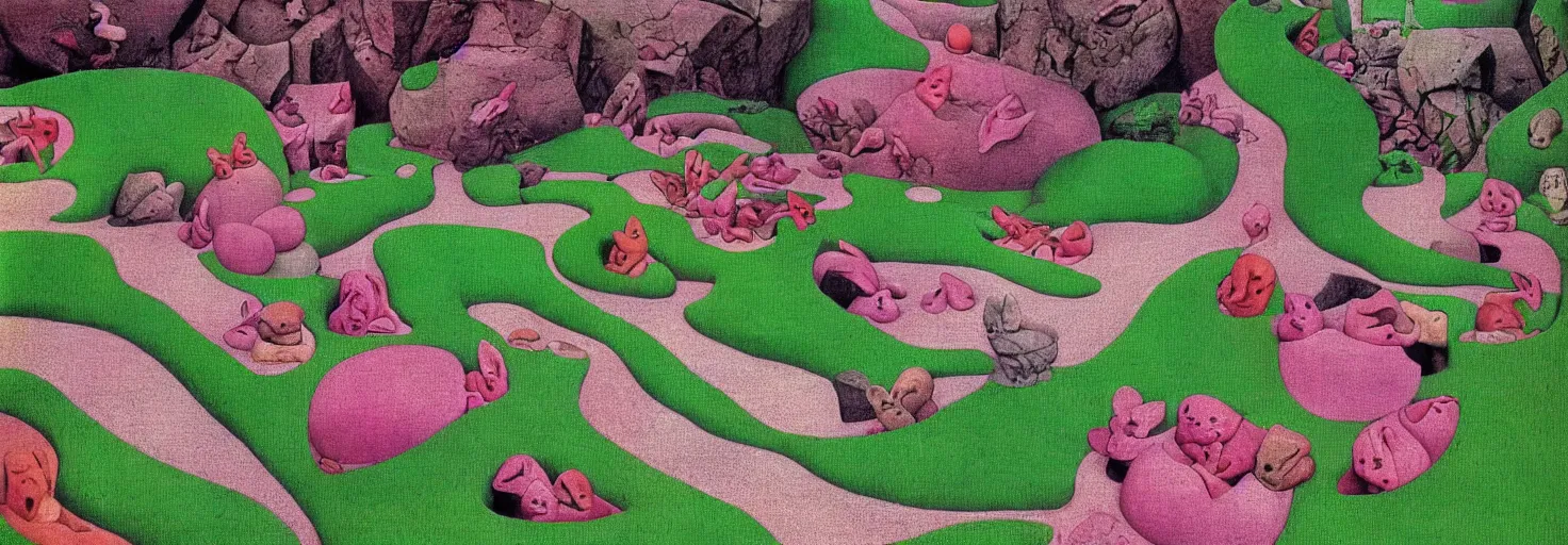 Image similar to a rock garden filled with pink rabbits, by m. c. escher, yellow, green, red, snowy, ultra sharp, ultra detailed, cyberpunk, happy, uplifting, colorized by salvador dali