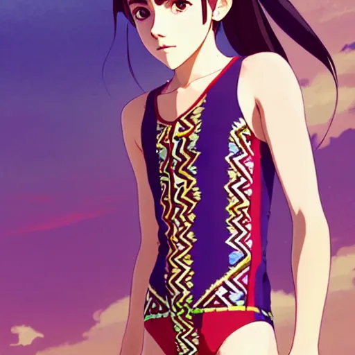 Image similar to a beautiful boyish emma watson alluring instagram model, wearing japanese hiphop aztec leotard outfit with mayan pattern and native style, aztec street fashion bathing suit, botw style, gapmoe yandere grimdark, trending on pixiv fanbox, painted by greg rutkowski makoto shinkai takashi takeuchi studio ghibli, akihiko yoshida