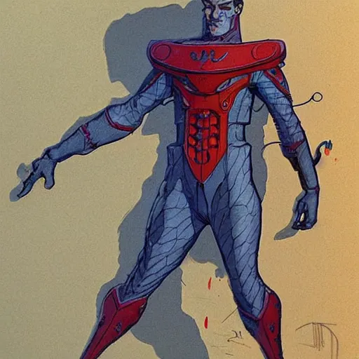 Prompt: concept art, stylized, super exaggerated proportions, concept design, male, science fiction suit, by jean giraud