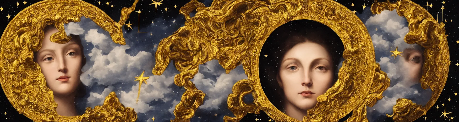 Prompt: portrait, symmetrical face, saint Woman, beautiful, gracious, baroque marble and gold in space, stars, clouds