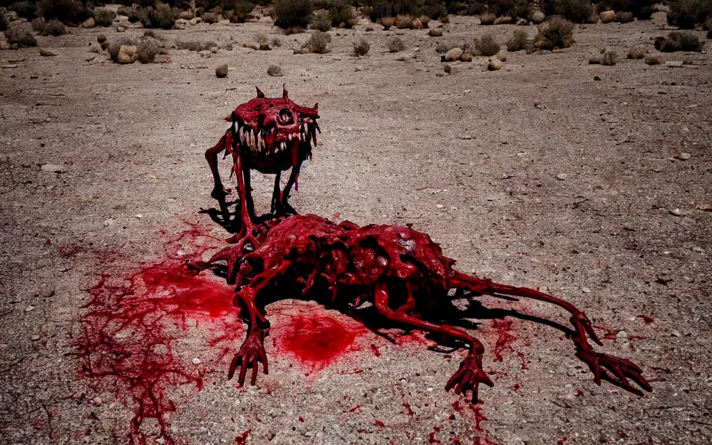 Image similar to in the desert a bloody gross horrifying The Thing creature made of muscle and bone and blood stares at the camera, eating, there is a pool of blood on the ground, it walks on two legs, like a skinwalker, mid day, 35mm photography, realistic,