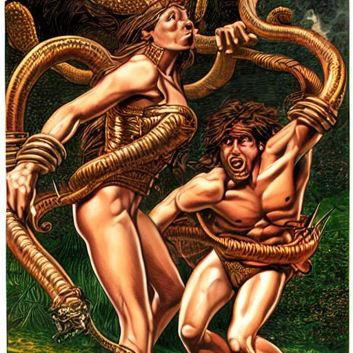 Image similar to detailed illustration of perseus vs medusa, hyper detailed, realistic, artwork by larry elmore, cinematic lighting